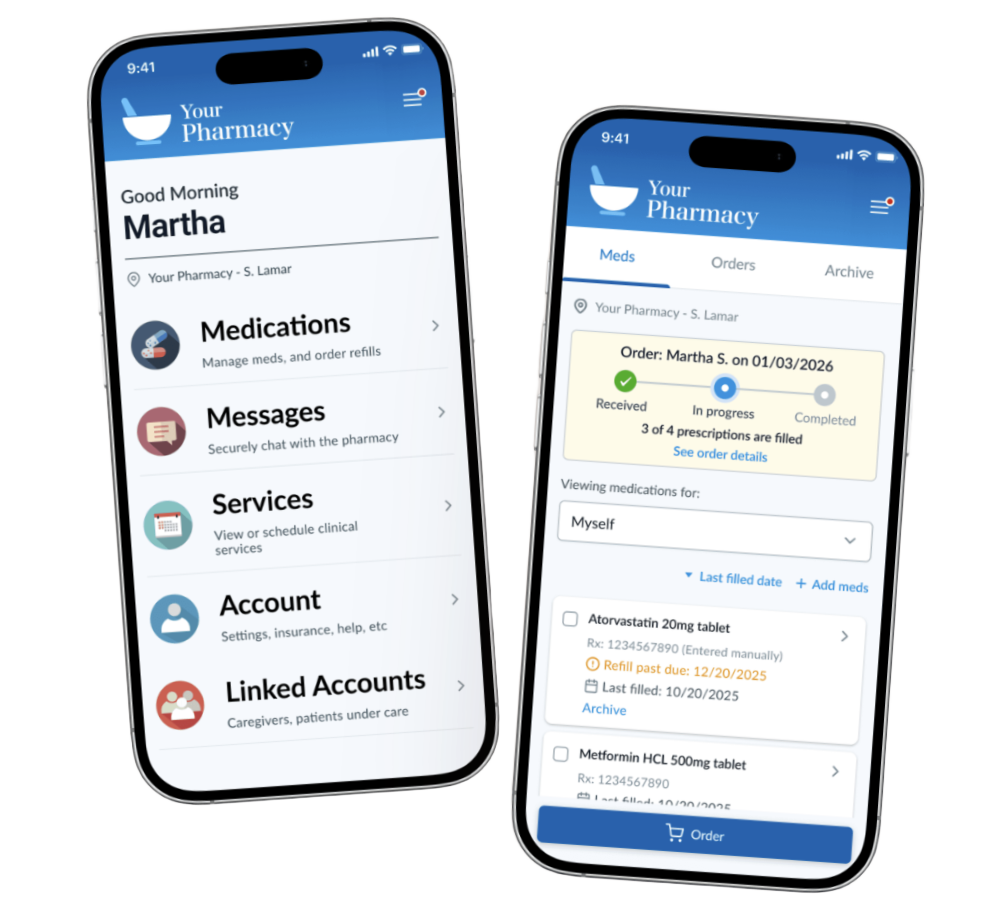 Patient portal app screens showing the home screen and medications list